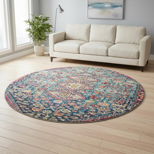 HomeRoots 8' Teal Merlot and Ivory Geometric Washable Area Rug with UV Protection for High-Traffic Spaces 705188