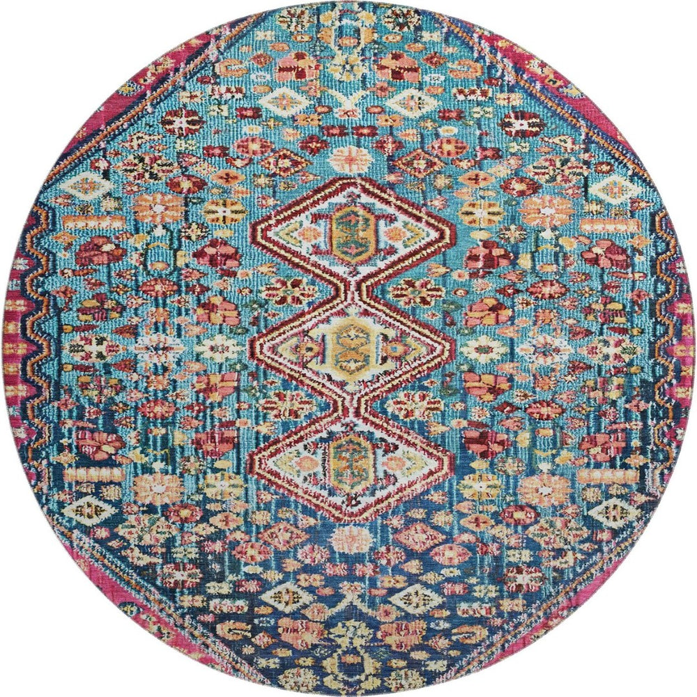 HomeRoots 8' Teal Merlot and Ivory Geometric Washable Area Rug with UV Protection for High-Traffic Spaces 705188