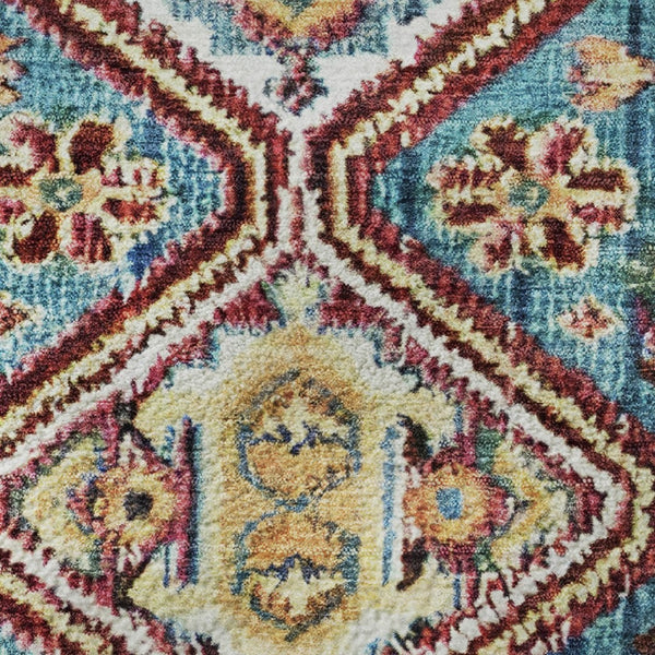 HomeRoots 8' Teal Merlot and Ivory Geometric Washable Area Rug with UV Protection for High-Traffic Spaces 705188