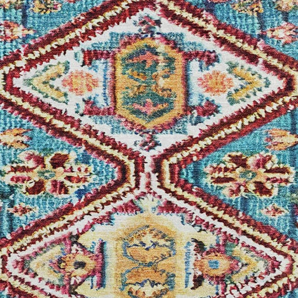 HomeRoots 8' Teal Merlot and Ivory Geometric Washable Area Rug with UV Protection for High-Traffic Spaces 705188