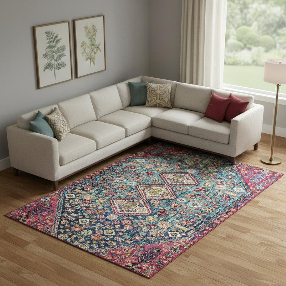 HomeRoots 9' X 12' Teal Merlot Ivory Geometric Washable Area Rug – Durable, UV-Protected, Stylish Design for Homes 705190