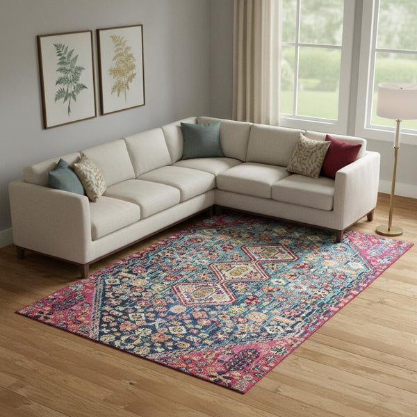 HomeRoots 10' X 14' Teal Merlot Ivory Geometric Area Rug - Washable, UV-Protected, Stain-Resistant Design 705191