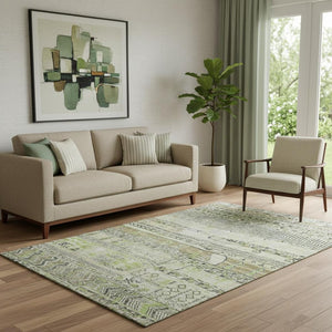 HomeRoots 5' Striped Beige, Green & Gray Washable Area Rug - UV Protected, Stain Resistant, Ideal for Homes 705193