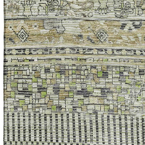 HomeRoots 5' Striped Beige, Green & Gray Washable Area Rug - UV Protected, Stain Resistant, Ideal for Homes 705193