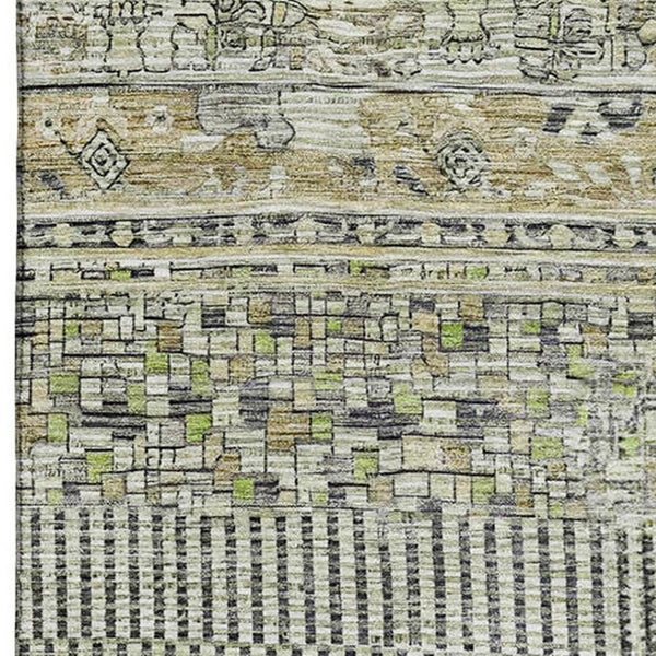 HomeRoots 5' Striped Beige, Green & Gray Washable Area Rug - UV Protected, Stain Resistant, Ideal for Homes 705193