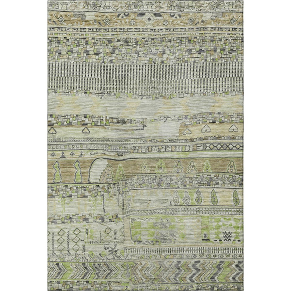 HomeRoots 5' Striped Beige, Green & Gray Washable Area Rug - UV Protected, Stain Resistant, Ideal for Homes 705193