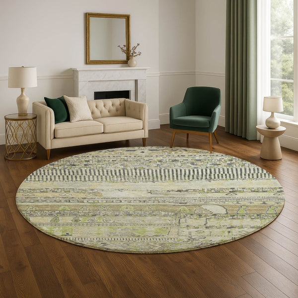 HomeRoots 8' Washable Round Rug with Stripes - Durable, UV-Protected, Non-Slip Design for Indoor/Outdoor Use 705194
