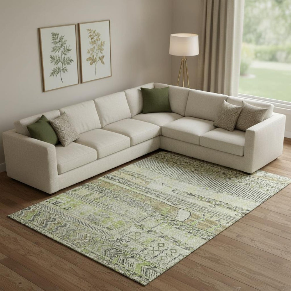 HomeRoots 9' X 12' Striped Area Rug in Beige, Green & Gray - Washable, UV Protected, Stain Resistant Design 705196