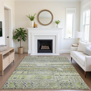 HomeRoots 9' X 12' Striped Area Rug in Beige, Green & Gray - Washable, UV Protected, Stain Resistant Design 705196