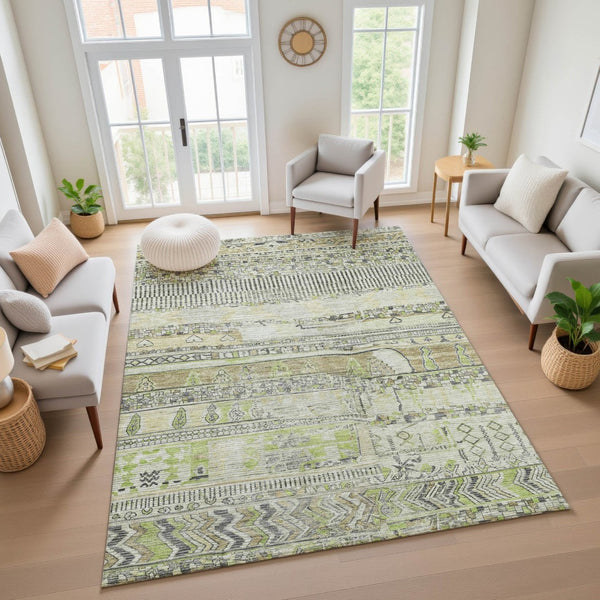 HomeRoots 9' X 12' Striped Area Rug in Beige, Green & Gray - Washable, UV Protected, Stain Resistant Design 705196