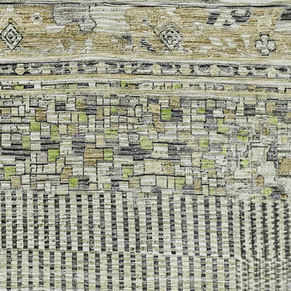 HomeRoots 9' X 12' Striped Area Rug in Beige, Green & Gray - Washable, UV Protected, Stain Resistant Design 705196