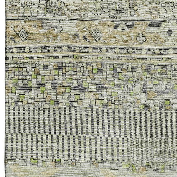 HomeRoots 9' X 12' Striped Area Rug in Beige, Green & Gray - Washable, UV Protected, Stain Resistant Design 705196