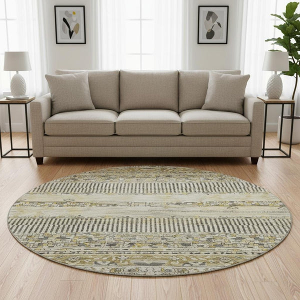 HomeRoots 8' Brown Beige and Gray Striped Washable Round Rug - Durable, UV Protected, Pet-Friendly Design! 705200
