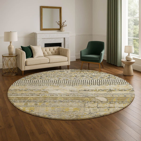 HomeRoots 8' Brown Beige and Gray Striped Washable Round Rug - Durable, UV Protected, Pet-Friendly Design! 705200