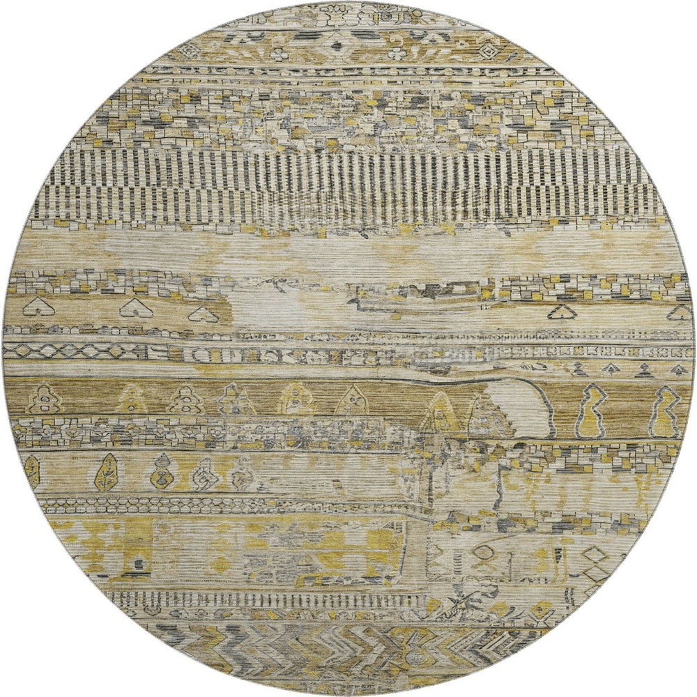 HomeRoots 8' Brown Beige and Gray Striped Washable Round Rug - Durable, UV Protected, Pet-Friendly Design! 705200