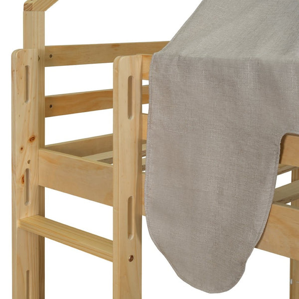 English Elm Full Size Kids House Loft Bed Pinewood Frame with Tent Slide and Play Storage Natural LT000683AAD