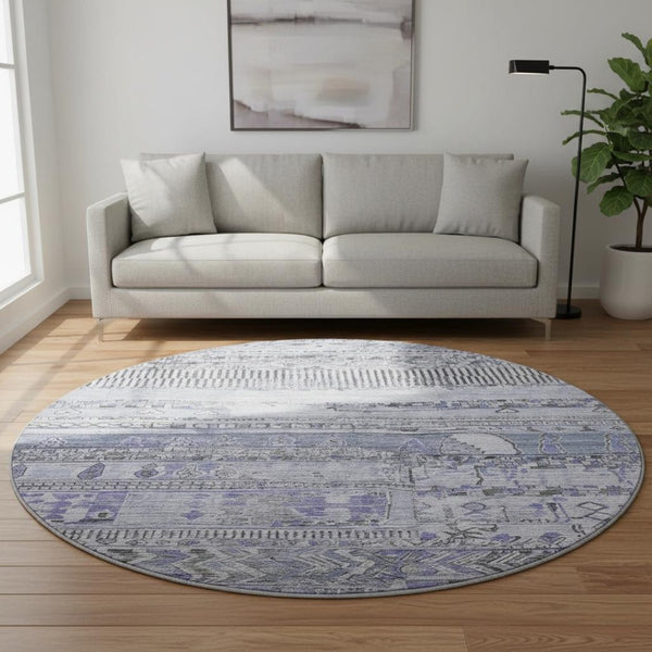 HomeRoots 8' Blue and Gray Striped Round Rug - Washable, UV-Protected, Stylish & Durable for Family Homes 705206