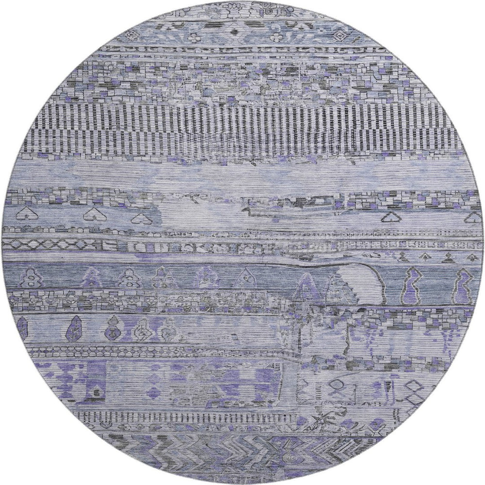 HomeRoots 8' Blue and Gray Striped Round Rug - Washable, UV-Protected, Stylish & Durable for Family Homes 705206