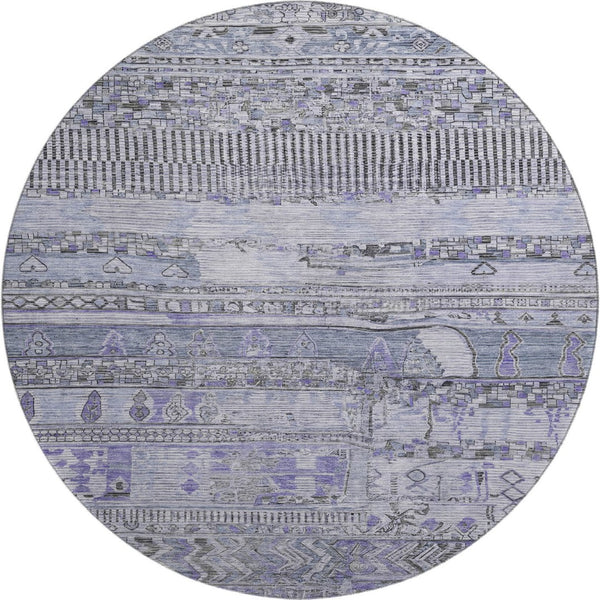 HomeRoots 8' Blue and Gray Striped Round Rug - Washable, UV-Protected, Stylish & Durable for Family Homes 705206