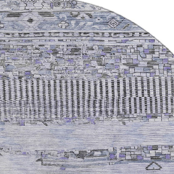HomeRoots 8' Blue and Gray Striped Round Rug - Washable, UV-Protected, Stylish & Durable for Family Homes 705206