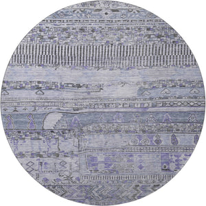 HomeRoots 8' Blue and Gray Striped Round Rug - Washable, UV-Protected, Stylish & Durable for Family Homes 705206