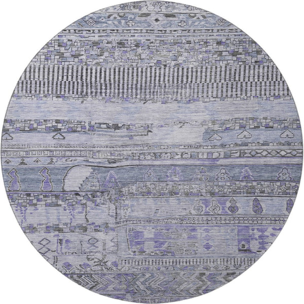 HomeRoots 8' Blue and Gray Striped Round Rug - Washable, UV-Protected, Stylish & Durable for Family Homes 705206