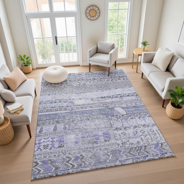HomeRoots 9' X 12' Blue and Gray Striped Area Rug - Washable, UV-Protected, Stain-Resistant, Soft Comfort 705208