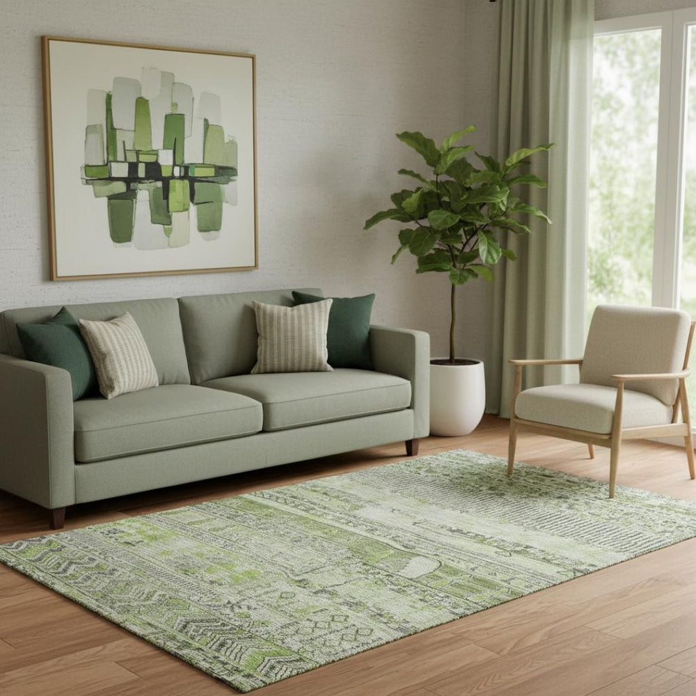 HomeRoots 5' Olive Green and Gray Striped Area Rug – Washable, UV Protected, Durable for Kids & Pets' Homes! 705211
