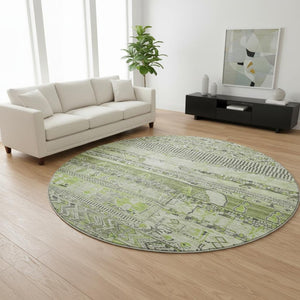 HomeRoots 8' Olive Green & Gray Striped Washable Round Rug with UV Protection - Durable, Stylish, Non-Slip Design 705212