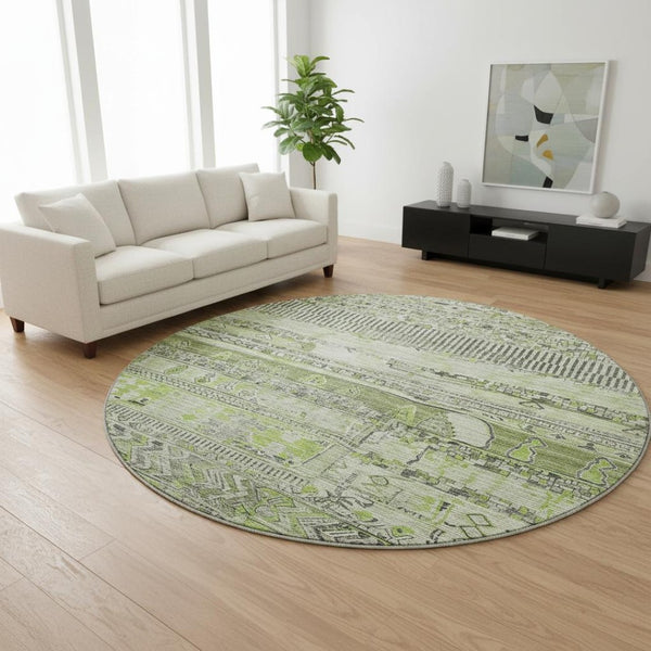 HomeRoots 8' Olive Green & Gray Striped Washable Round Rug with UV Protection - Durable, Stylish, Non-Slip Design 705212