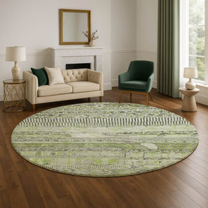 HomeRoots 8' Olive Green & Gray Striped Washable Round Rug with UV Protection - Durable, Stylish, Non-Slip Design 705212