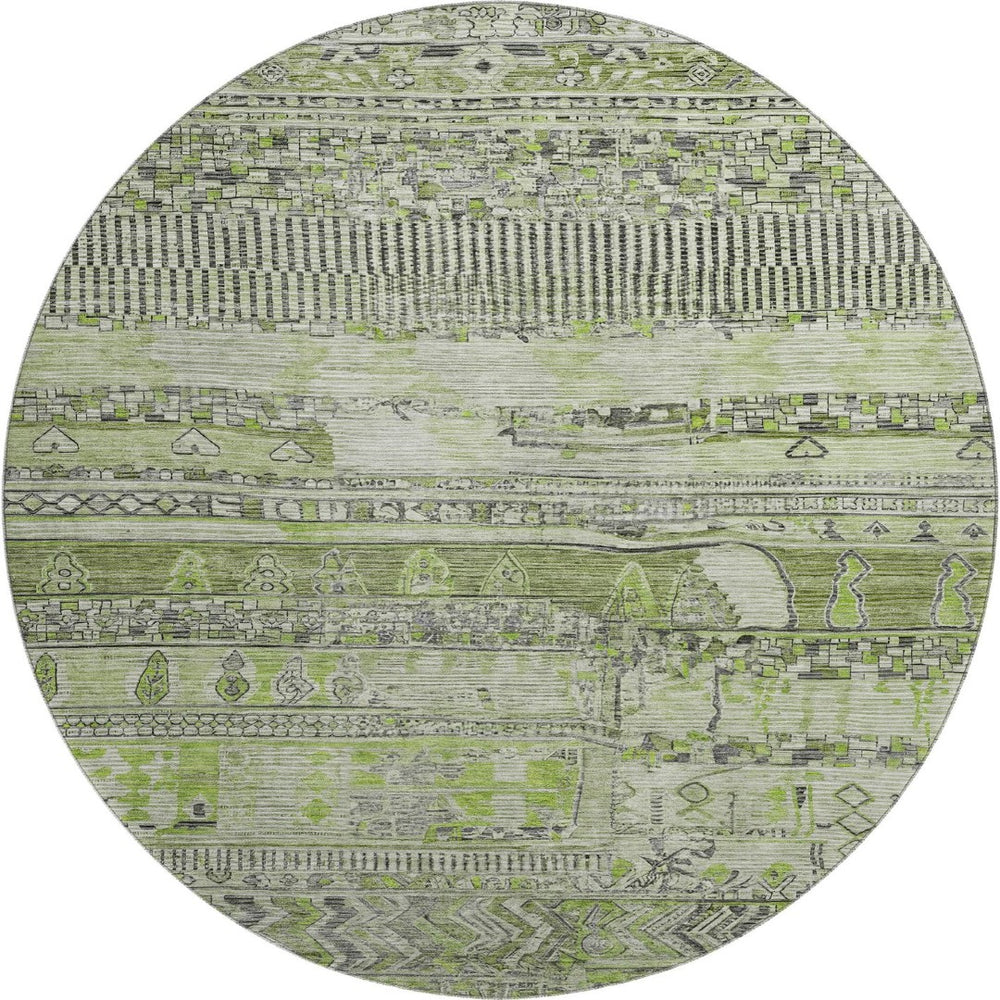 HomeRoots 8' Olive Green & Gray Striped Washable Round Rug with UV Protection - Durable, Stylish, Non-Slip Design 705212