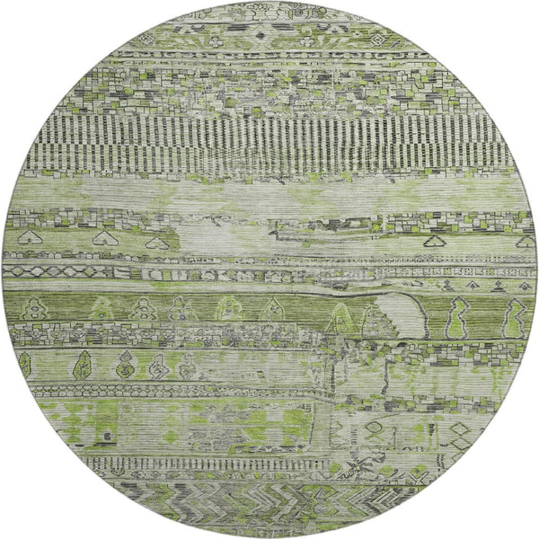 HomeRoots 8' Olive Green & Gray Striped Washable Round Rug with UV Protection - Durable, Stylish, Non-Slip Design 705212