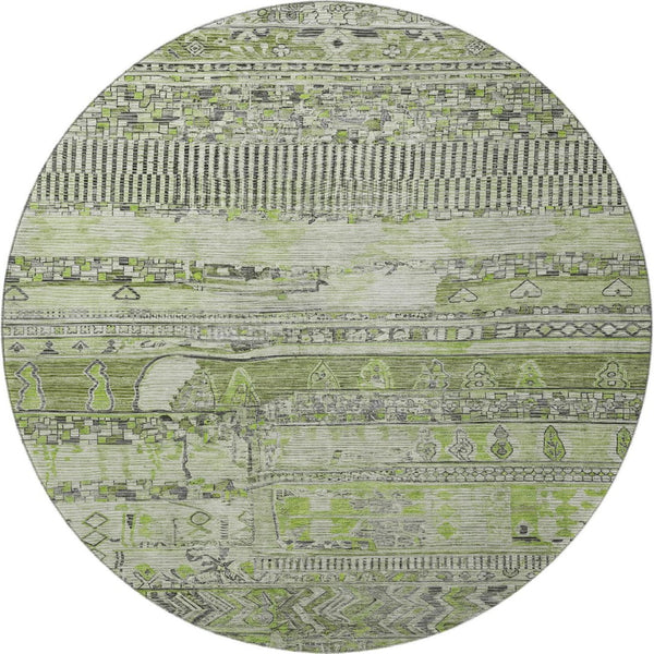 HomeRoots 8' Olive Green & Gray Striped Washable Round Rug with UV Protection - Durable, Stylish, Non-Slip Design 705212