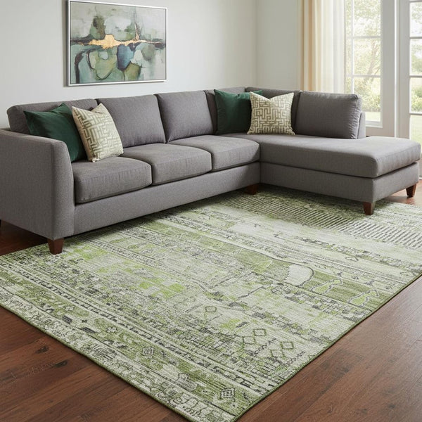 HomeRoots 8' x 10' Olive Green and Gray Striped Area Rug - Durable, Stain-Resistant, UV Protected for Any Space 705213
