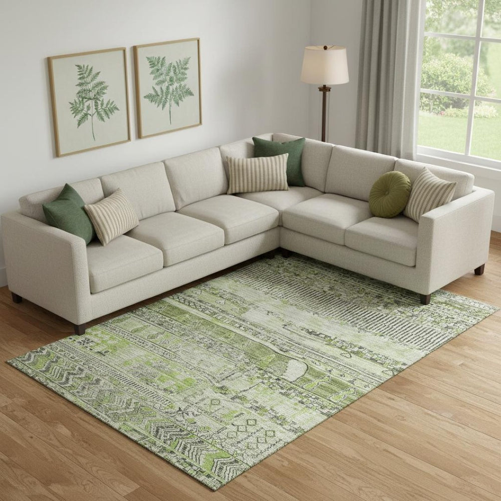 HomeRoots 9' X 12' Olive Green and Gray Striped Washable Area Rug with Stain Resistance & UV Protection 705214