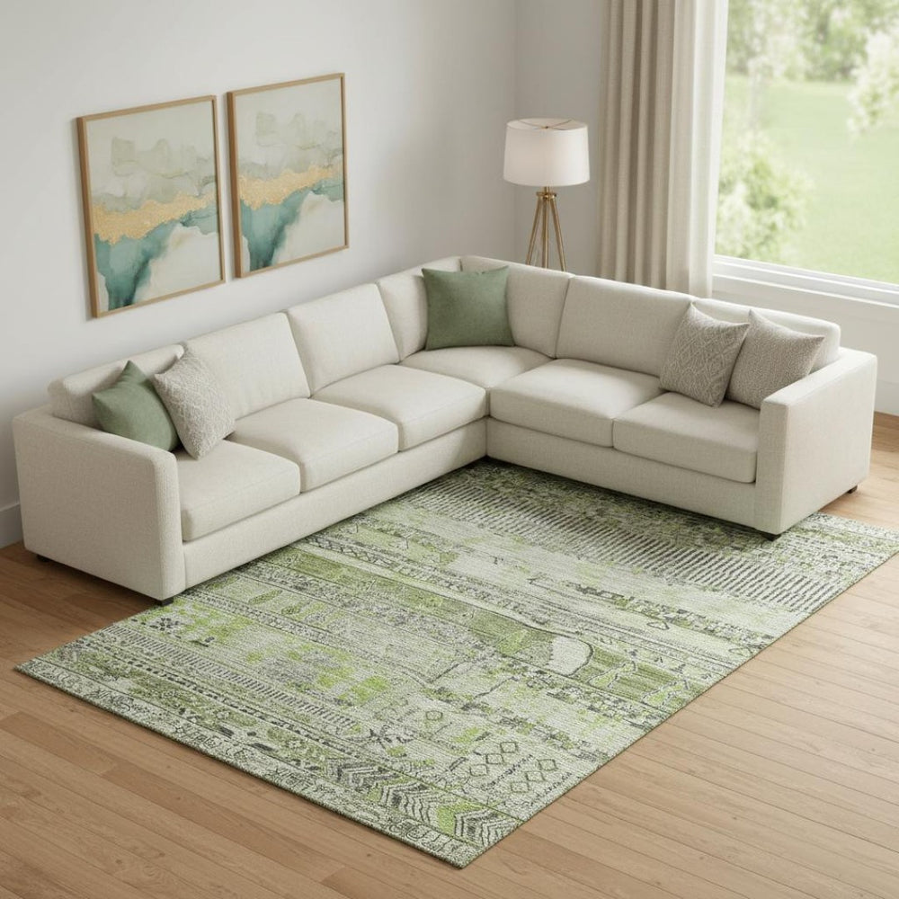 HomeRoots 10' Olive Green & Gray Striped Washable Area Rug - UV Protected, Durable, Family-Friendly Design 705215