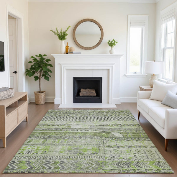 HomeRoots 10' Olive Green & Gray Striped Washable Area Rug - UV Protected, Durable, Family-Friendly Design 705215