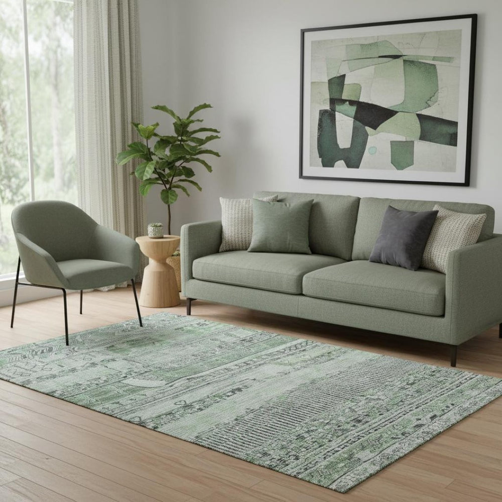 HomeRoots 5' X 8' Sage and Gray Striped Washable Area Rug – Durable, UV-Protected, Perfect for Families & Pets 705217