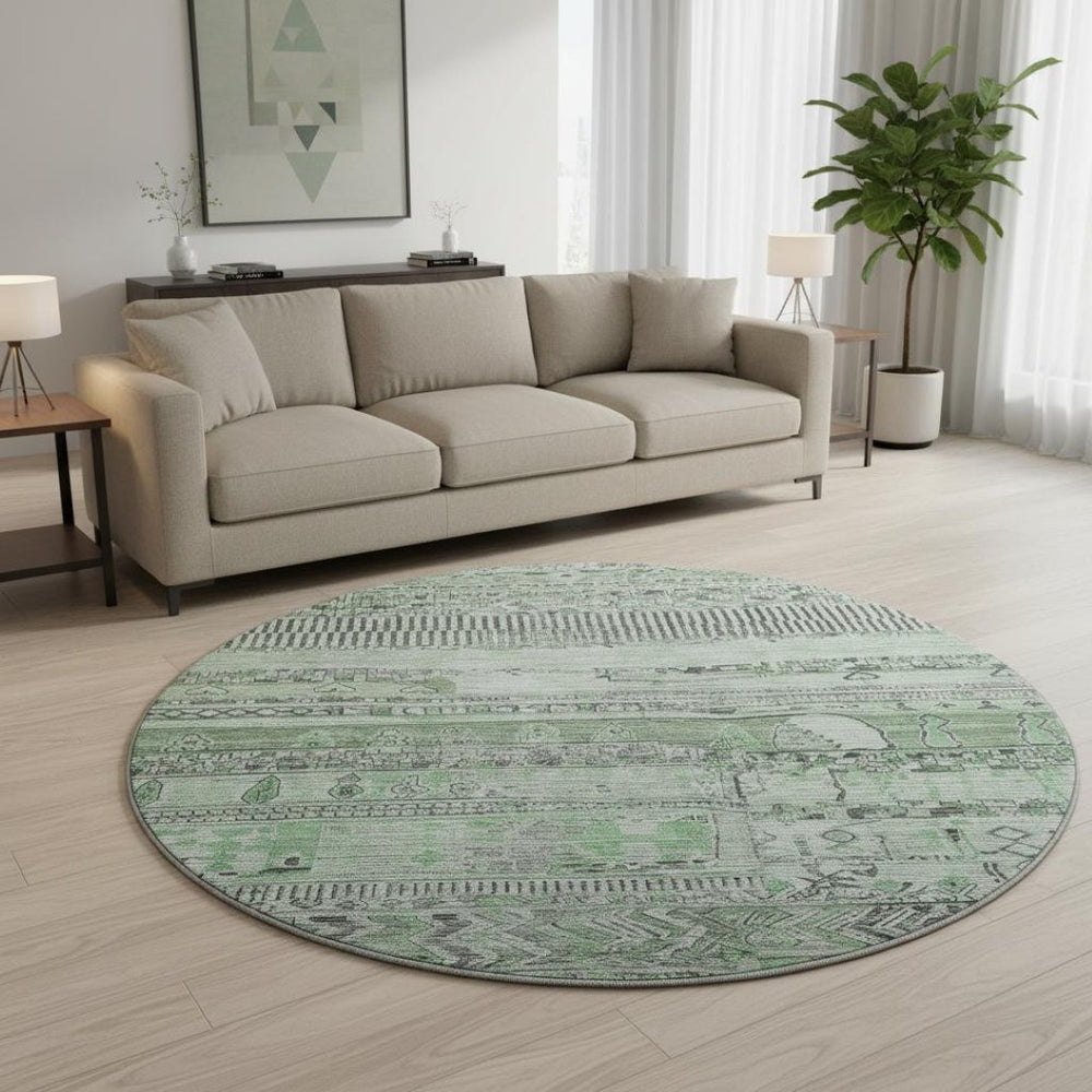 HomeRoots 8' Sage and Gray Striped Washable Round Rug - Durable, UV-Protected, Easy-Care, Stylish Accent Piece 705218