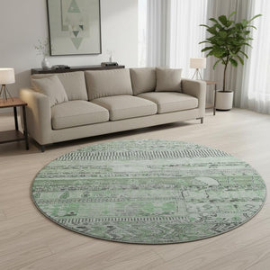 HomeRoots 8' Sage and Gray Striped Washable Round Rug - Durable, UV-Protected, Easy-Care, Stylish Accent Piece 705218