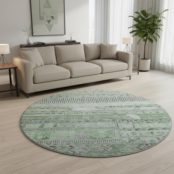 HomeRoots 8' Sage and Gray Striped Washable Round Rug - Durable, UV-Protected, Easy-Care, Stylish Accent Piece 705218