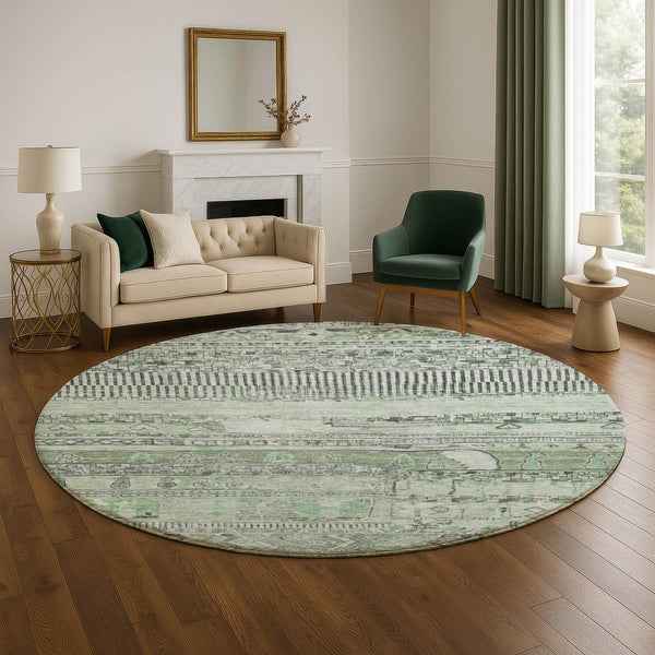 HomeRoots 8' Sage and Gray Striped Washable Round Rug - Durable, UV-Protected, Easy-Care, Stylish Accent Piece 705218