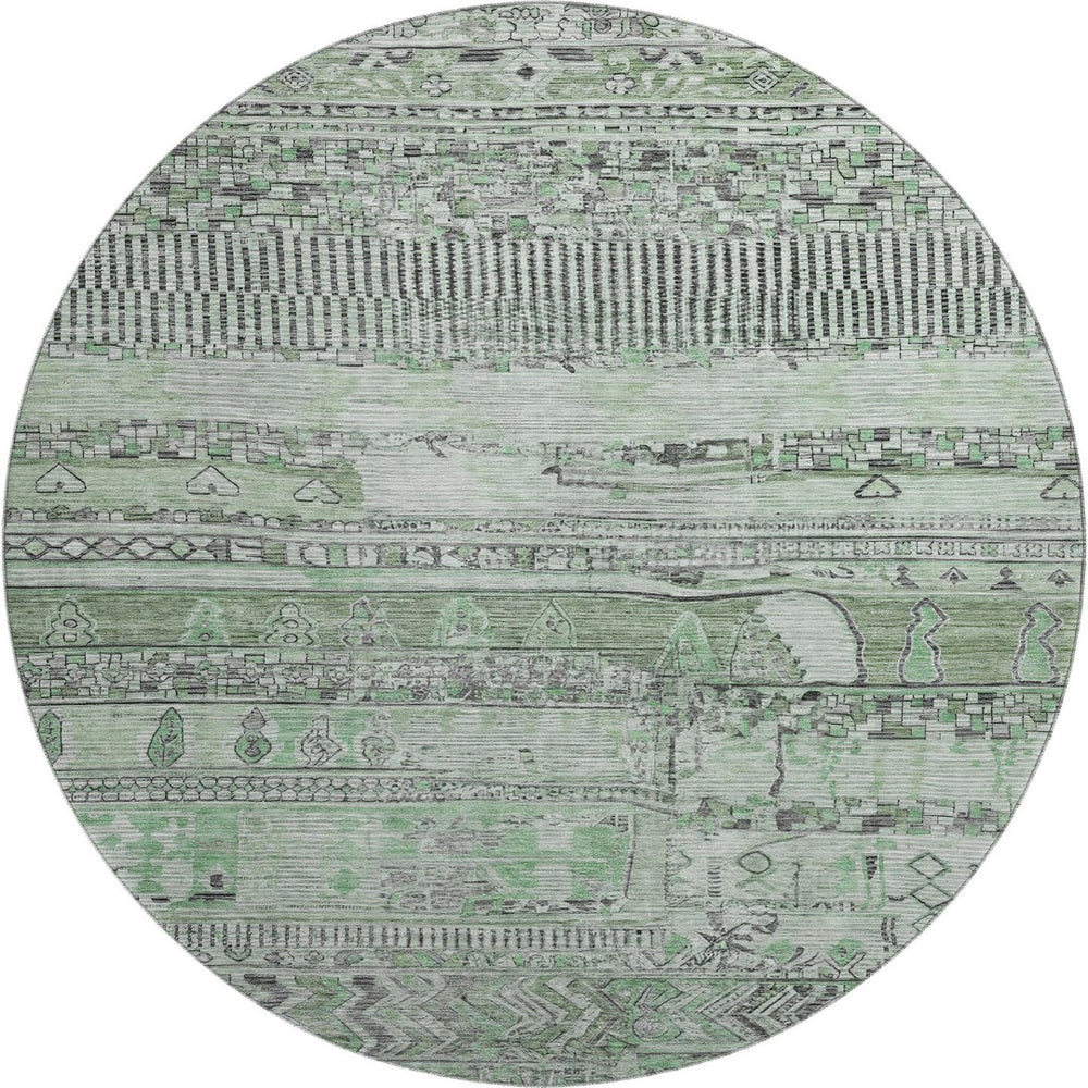 HomeRoots 8' Sage and Gray Striped Washable Round Rug - Durable, UV-Protected, Easy-Care, Stylish Accent Piece 705218