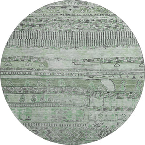 HomeRoots 8' Sage and Gray Striped Washable Round Rug - Durable, UV-Protected, Easy-Care, Stylish Accent Piece 705218
