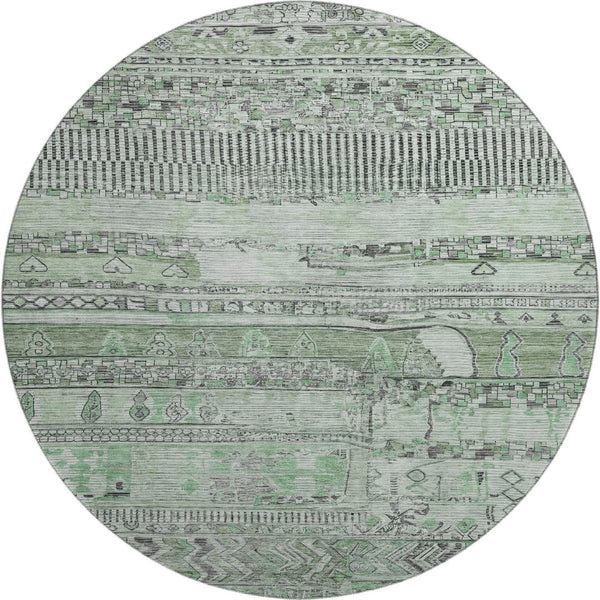 HomeRoots 8' Sage and Gray Striped Washable Round Rug - Durable, UV-Protected, Easy-Care, Stylish Accent Piece 705218