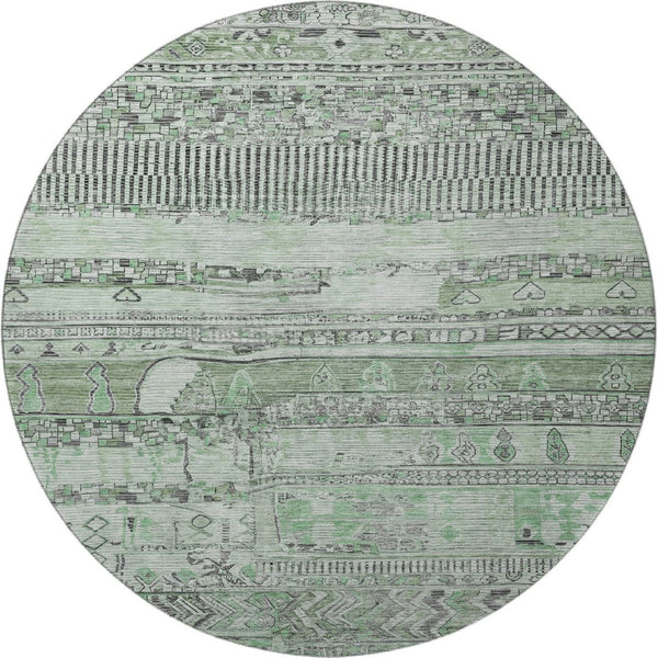 HomeRoots 8' Sage and Gray Striped Washable Round Rug - Durable, UV-Protected, Easy-Care, Stylish Accent Piece 705218