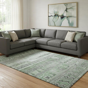 HomeRoots 8' X 10' Sage & Gray Striped Washable Area Rug - Soft, Durable, UV-Protected for High-Traffic Spaces 705219