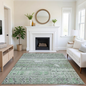 HomeRoots 9' X 12' Sage and Gray Striped Area Rug - Washable, UV Protected, Stain Resistant, Non-Slip Backing 705220