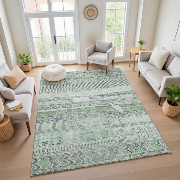 HomeRoots 9' X 12' Sage and Gray Striped Area Rug - Washable, UV Protected, Stain Resistant, Non-Slip Backing 705220